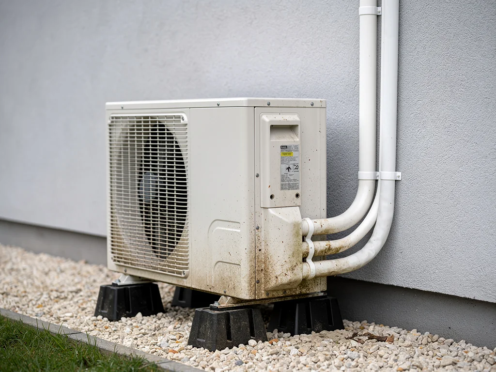 Groupe extérieur de climatisation sur plots anti-vibratiles, liaisons cachées en goulotte