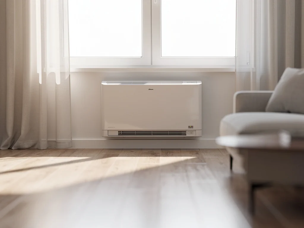 Console de climatisation installée en allège de fenêtre dans une pièce à vivre