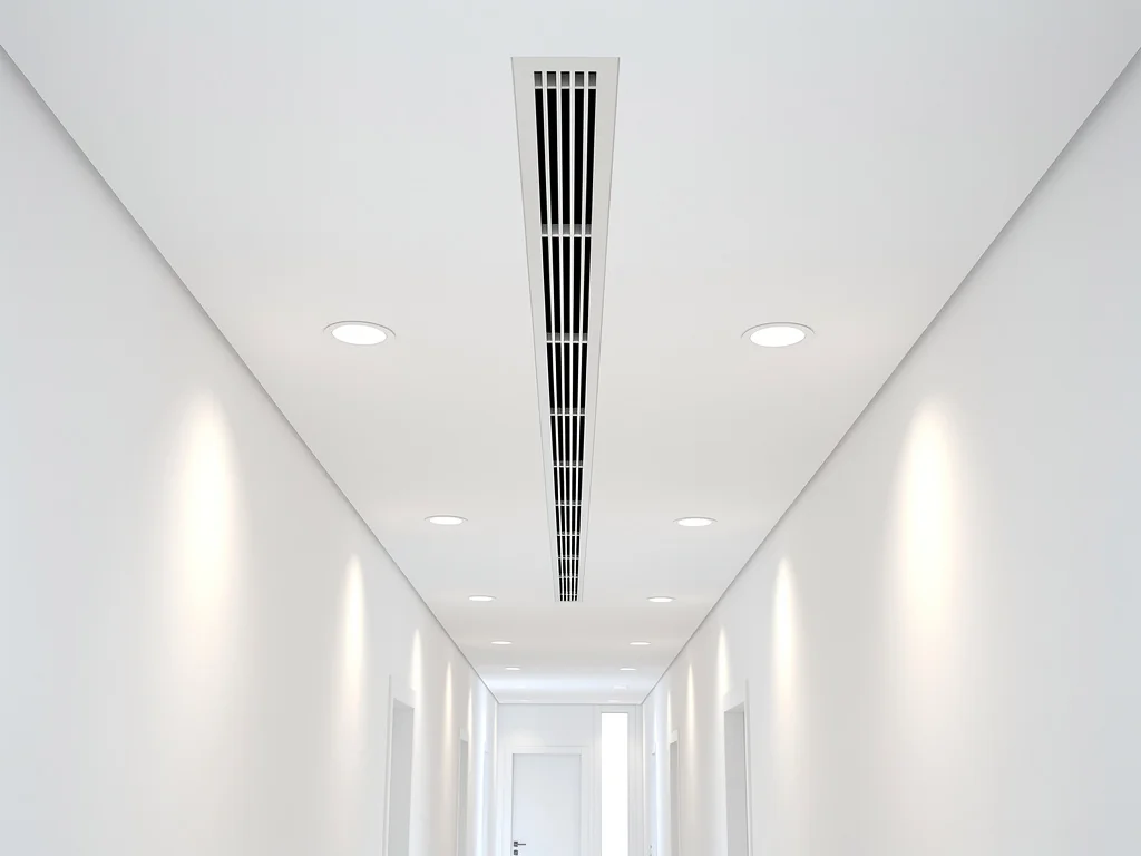 Bouche de soufflage d'un gainable intégrée au plafond d'un couloir